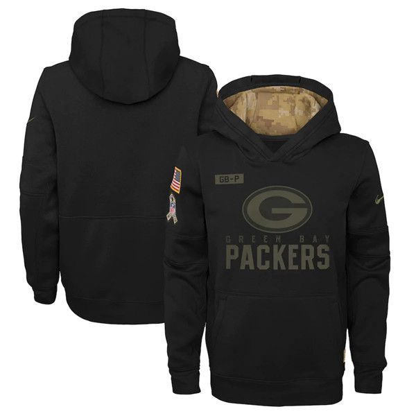 Youth Green Bay Packers 2020 Black Salute to Service Sideline Performance Pullover Hoodie
